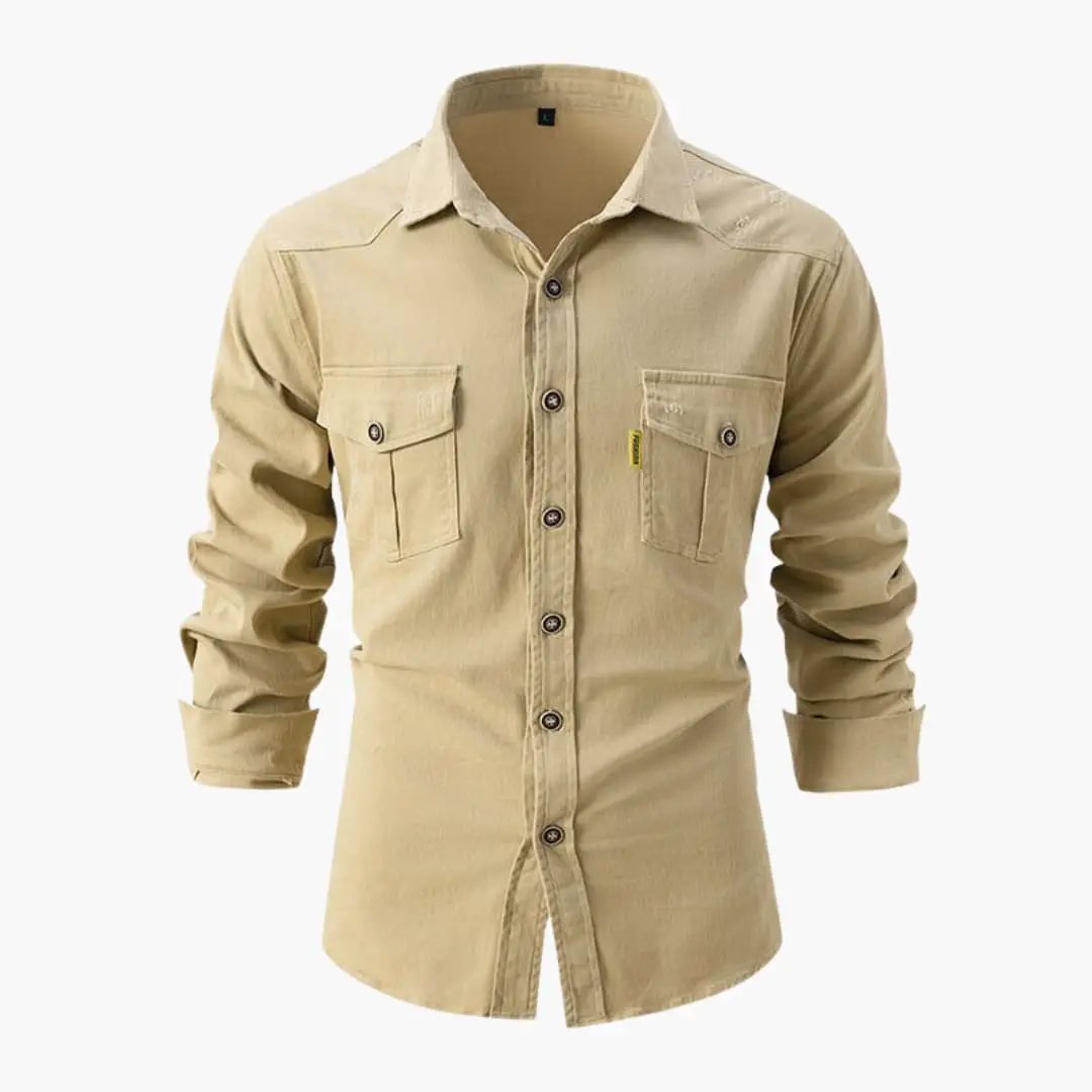 Men's shirt with button placket and chest pockets, tan long-sleeve from Wilfred Smith