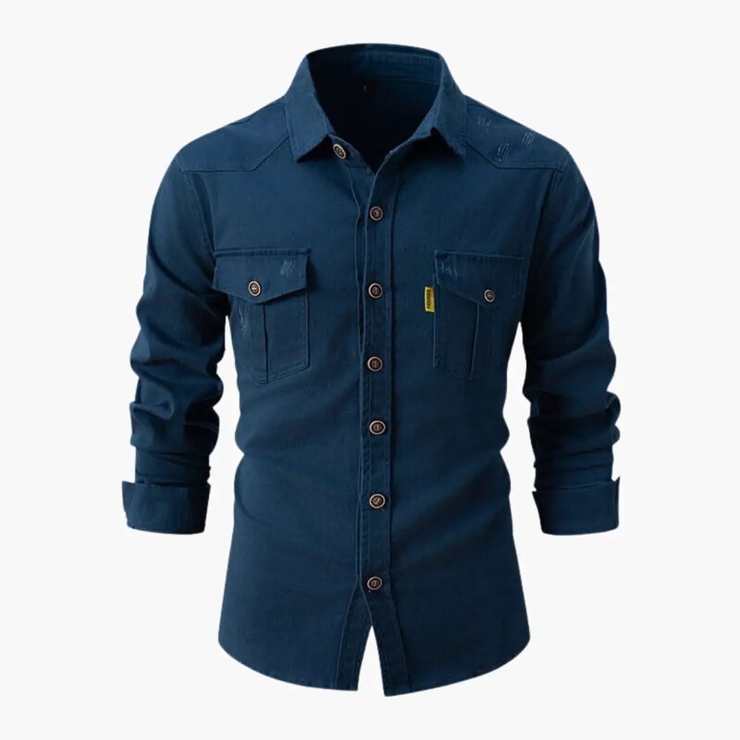 Men's long-sleeve shirt with button placket and two chest pockets, blue denim, Wilfred Smith