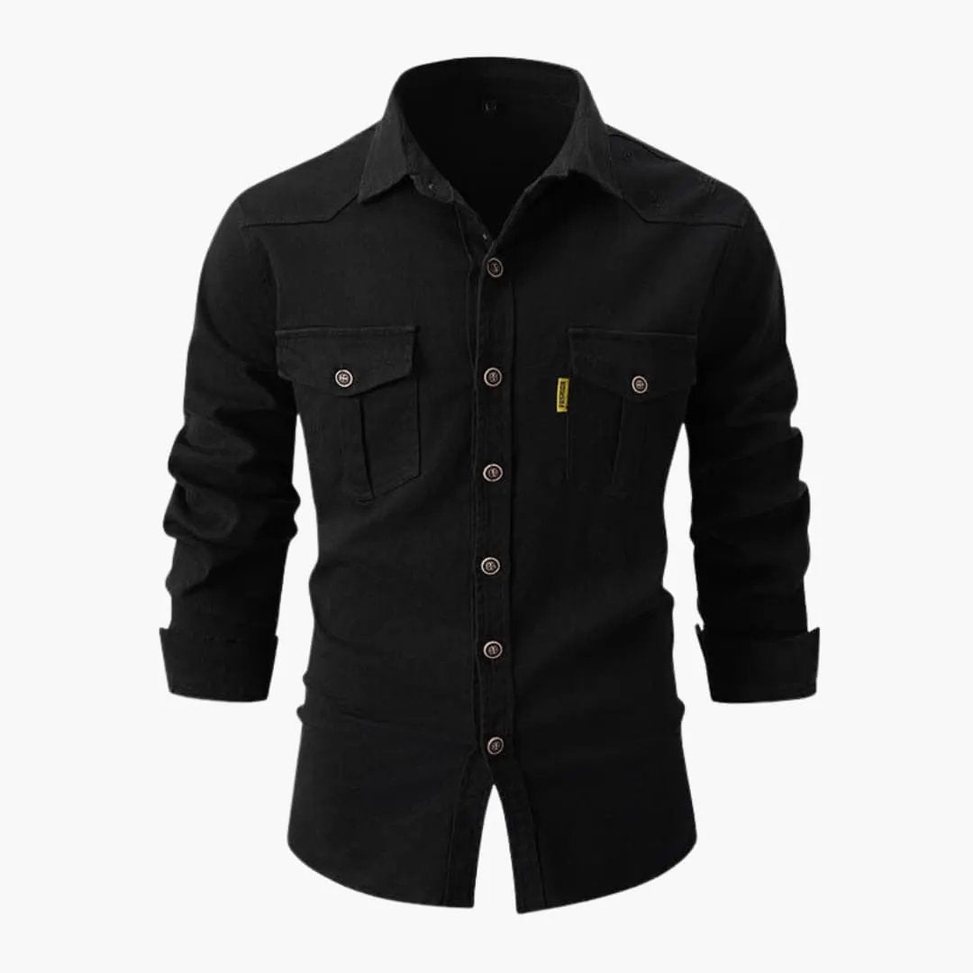 Men's black long-sleeve shirt with button front placket and two chest pockets, Wilfred Smith.