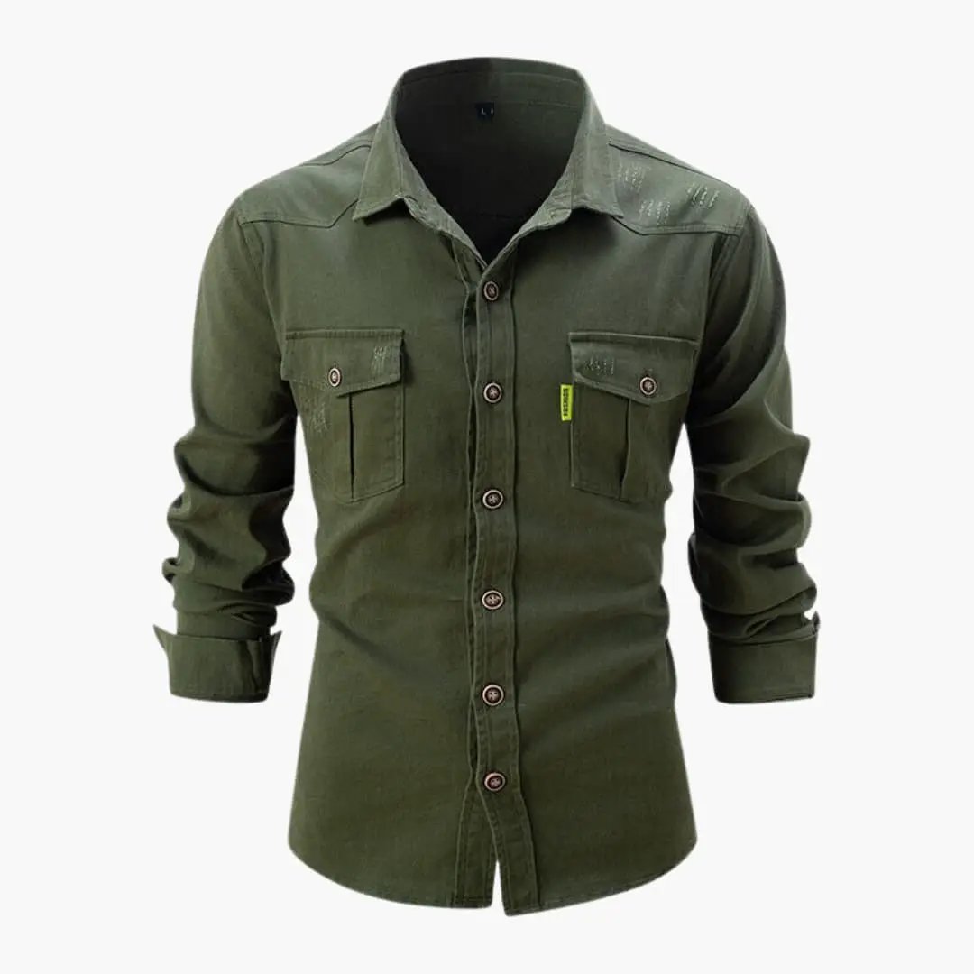 Men's shirt Wilfred Smith olive green long-sleeve with button placket and chest pockets