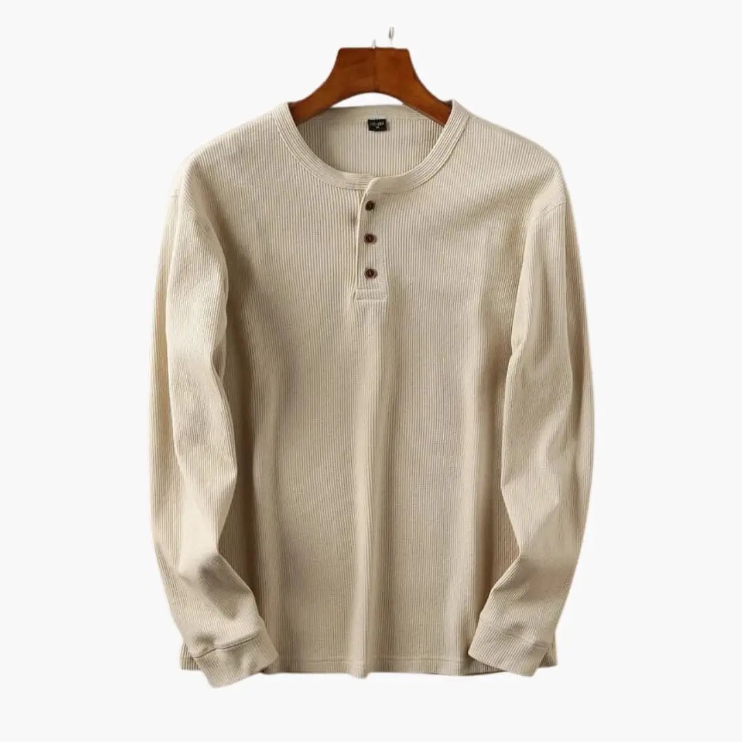 Men's Henley shirt with button placket in cream, ribbed knit long-sleeve