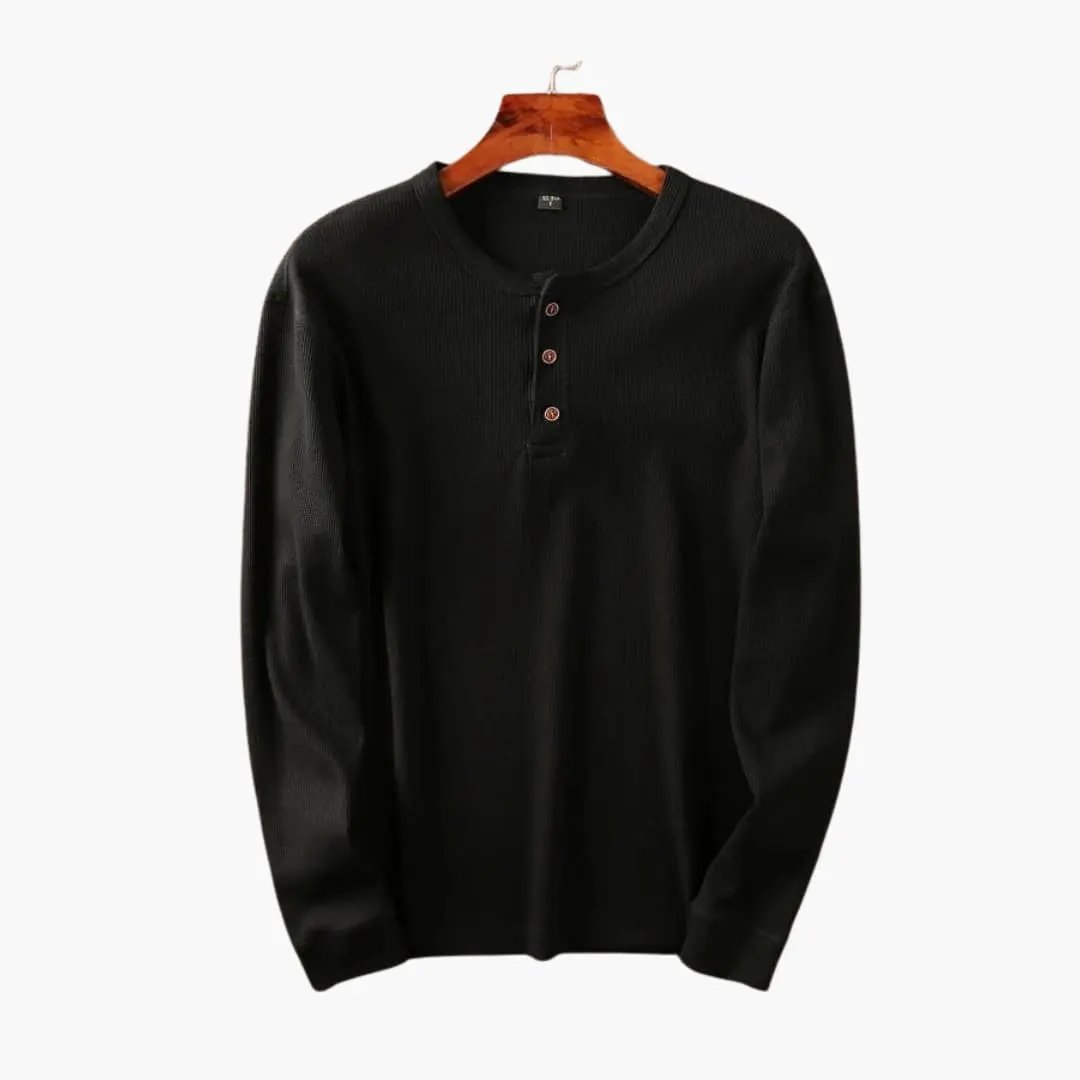 Men's black ribbed knit Henley shirt with button placket