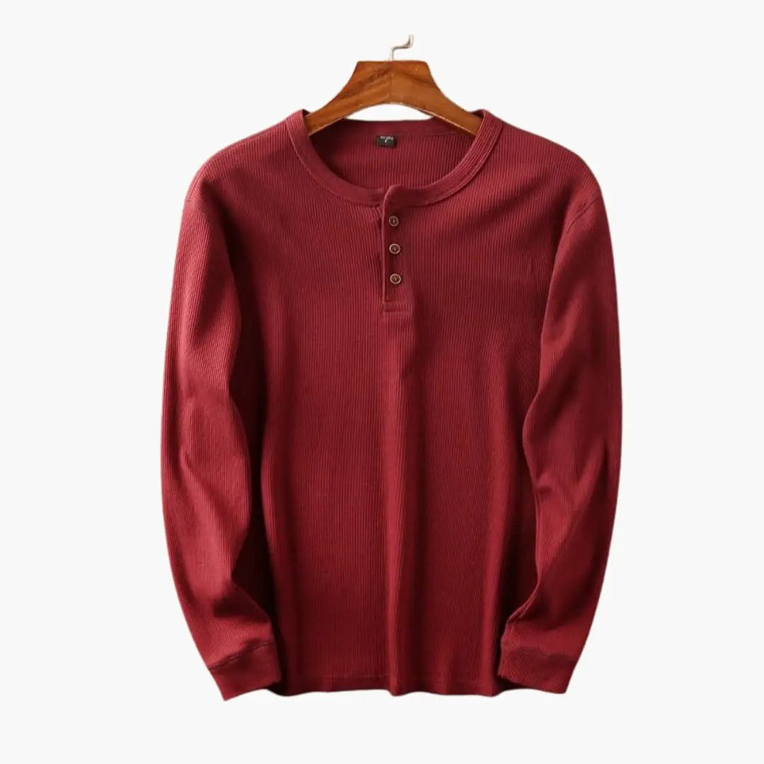 Men's long-sleeve Henley shirt with button placket in red ribbed knit fabric