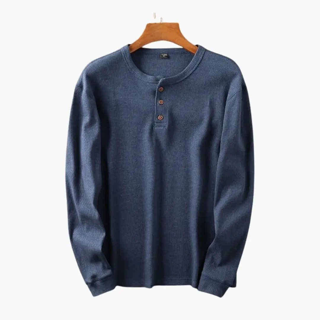 Men's Henley shirt with button placket in blue by Wilfred Smith, Shirts