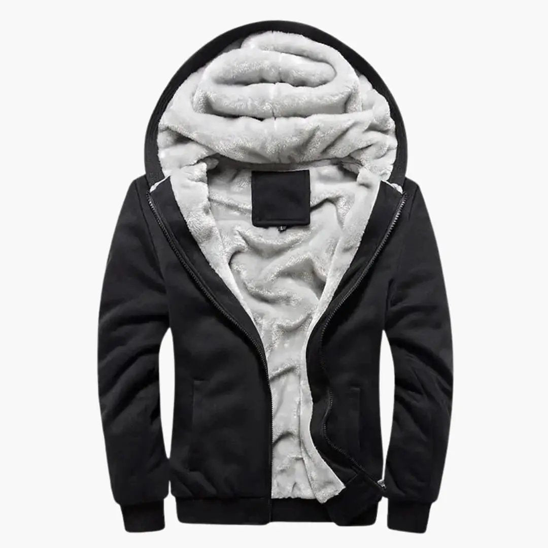Men's hooded track jacket by Wilfred Smith, black with white fleece lining and zipper.
