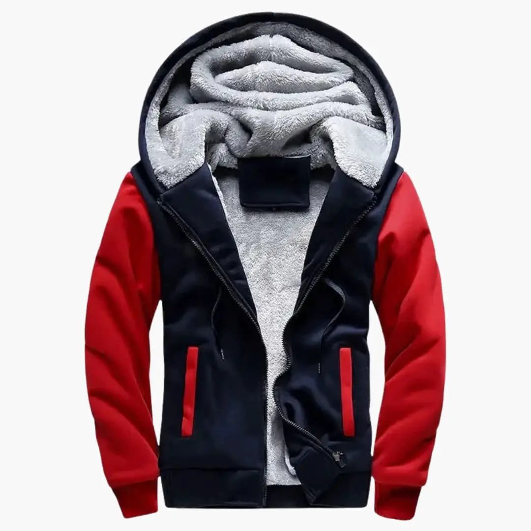 Men's hooded track jacket by Wilfred Smith; navy body with red sleeves, zip front, gray fleece lining.