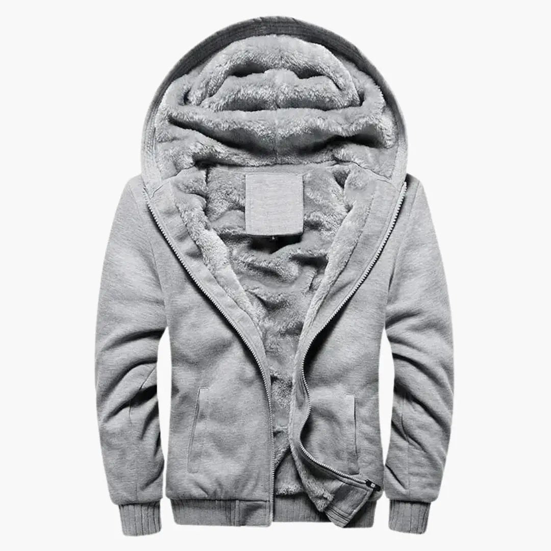 Men's hooded jacket with zipper and plush fleece lining, gray track jacket