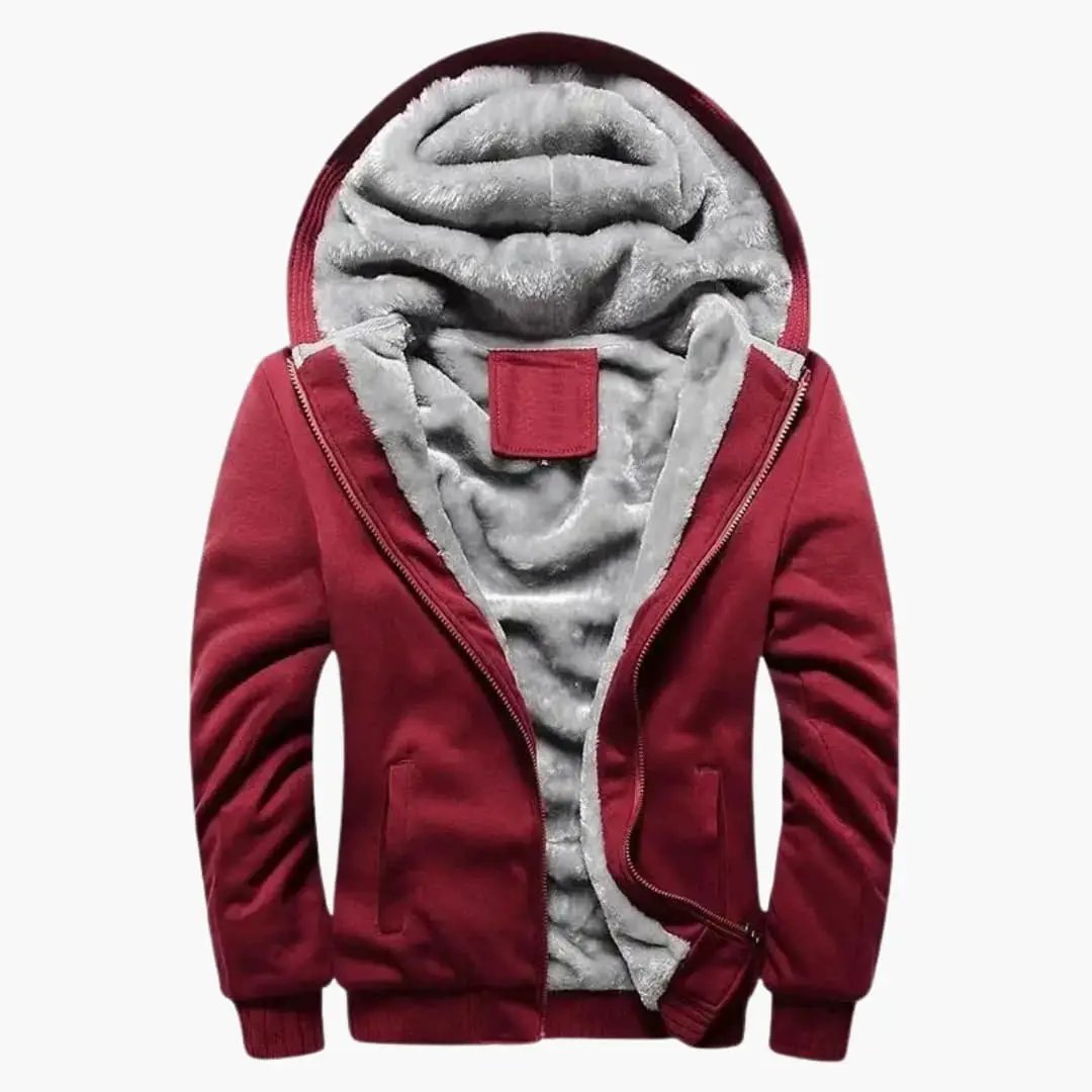Men's hooded track jacket by Wilfred Smith, red with grey fleece lining and zippered front