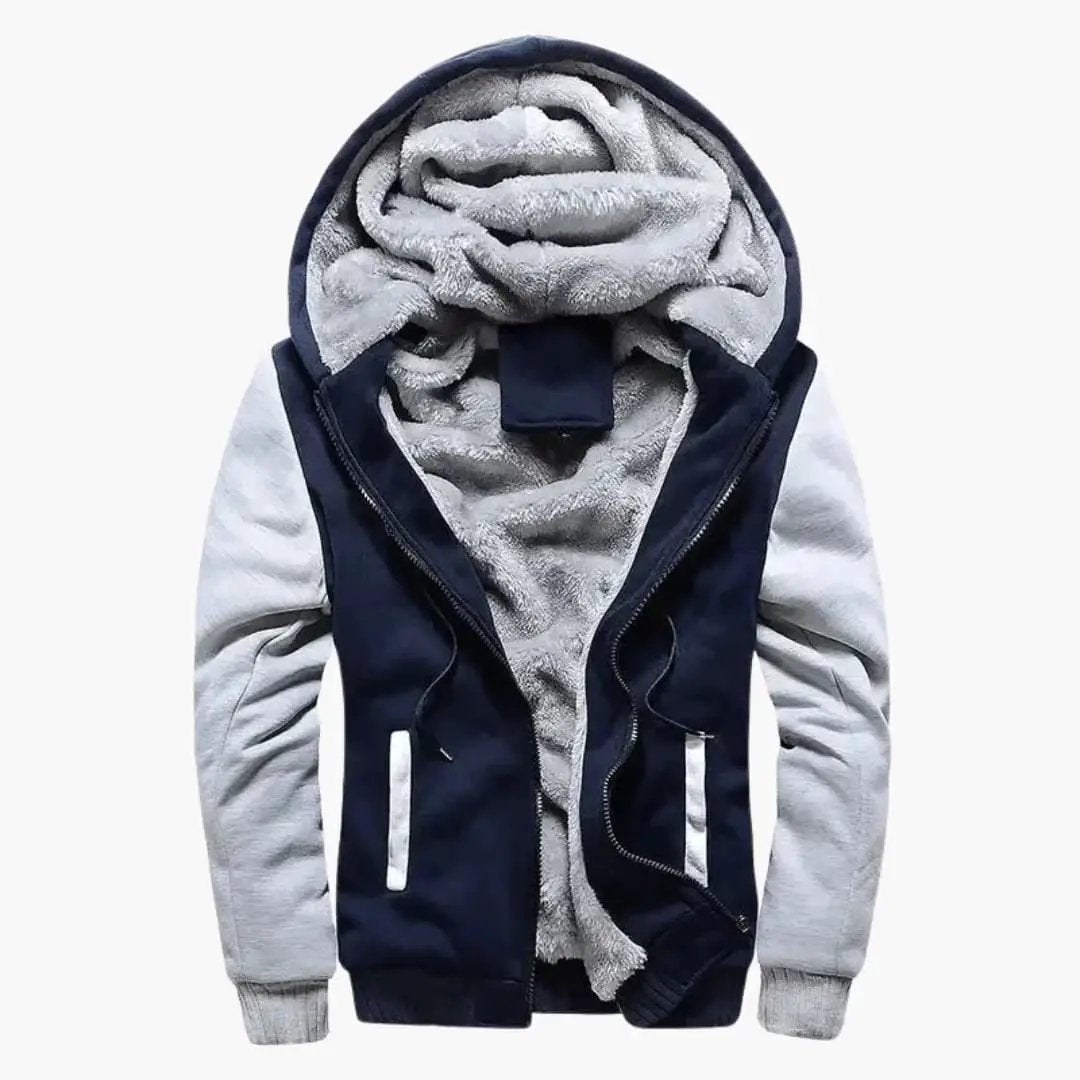 Men's hooded track jacket by Wilfred Smith, navy body with gray sleeves and zippered front