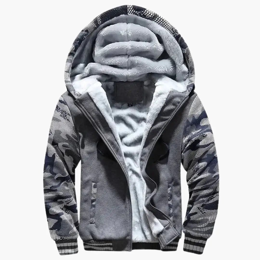Men's hooded track jacket with zipper, gray body and camo sleeves, fleece-lined interior, ribbed cuffs and hem