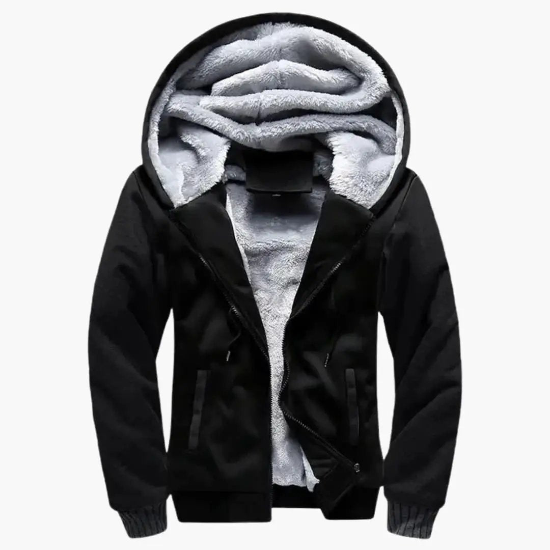 Men's hooded jacket with zipper and plush lining by Wilfred Smith, black track jacket.