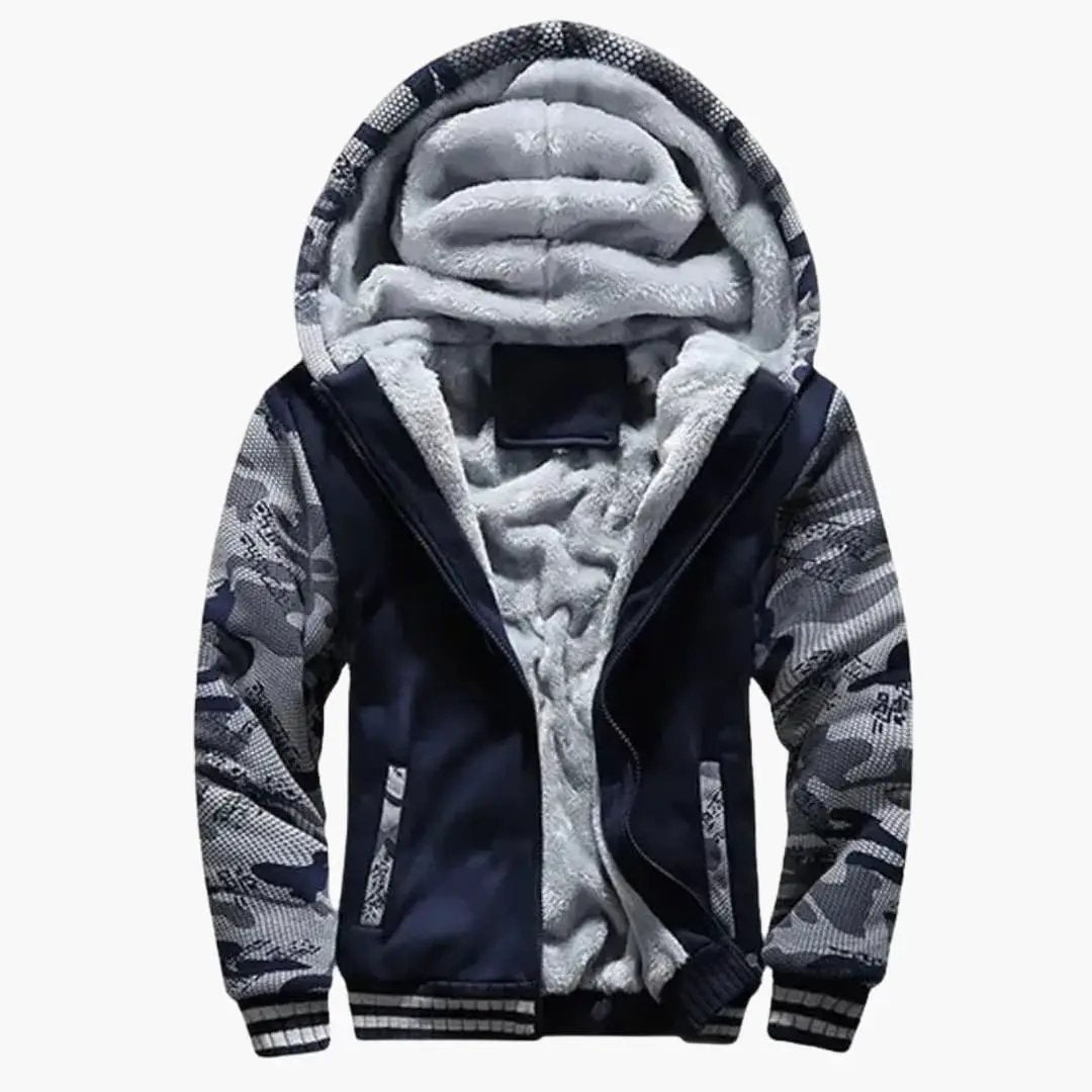 Men's hooded track jacket with zipper and plush lining, navy body with camo sleeves