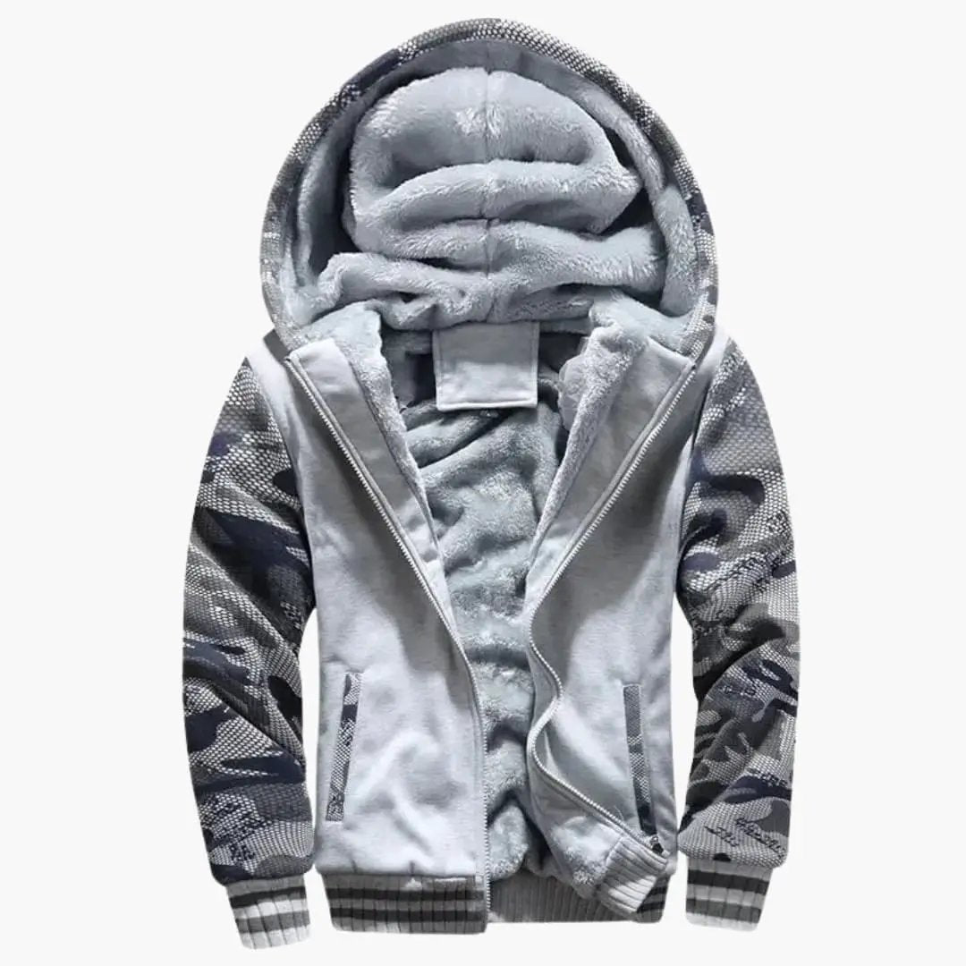 Men's hooded track jacket with zipper and plush lining; gray body with camouflage sleeves.