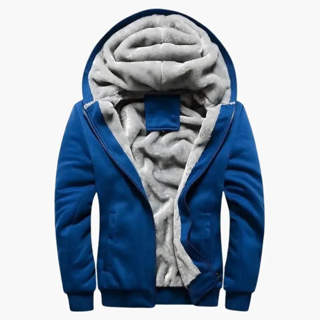 Men's blue hooded track jacket with zippered front and plush grey lining