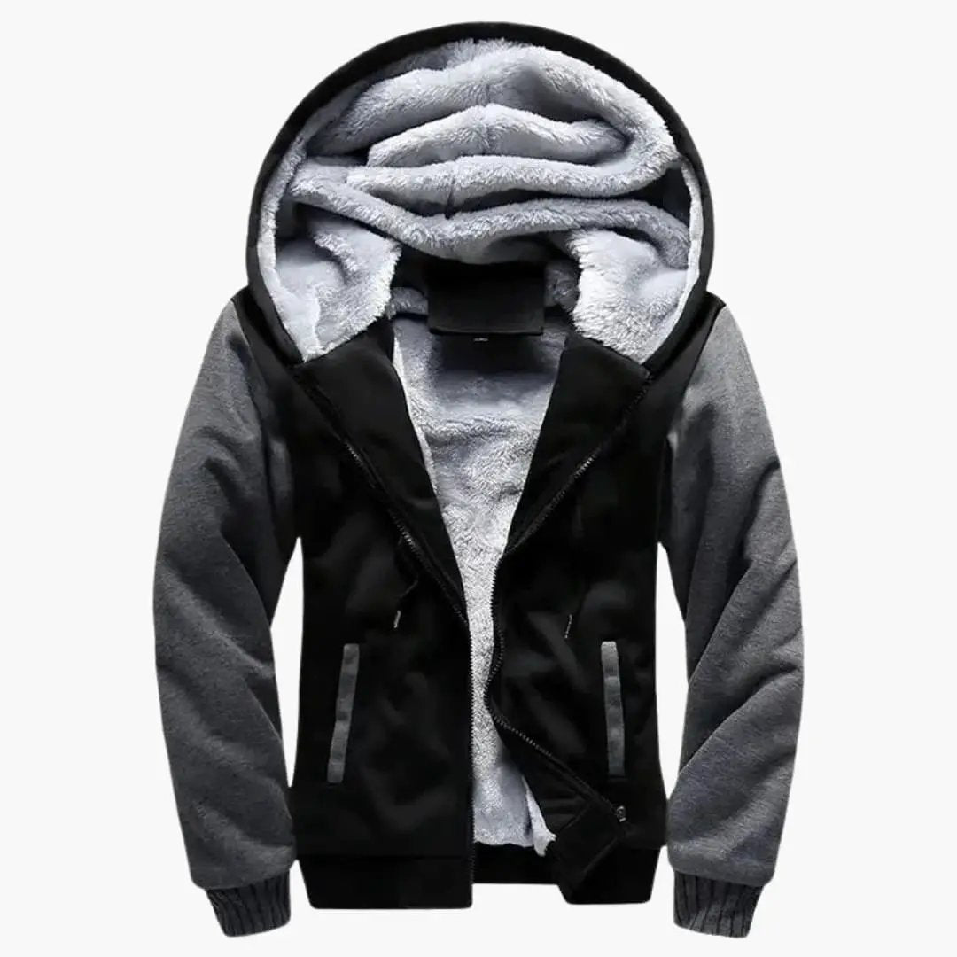 Men's hooded jacket by Wilfred Smith with zip and fleece lining, black body gray sleeves.