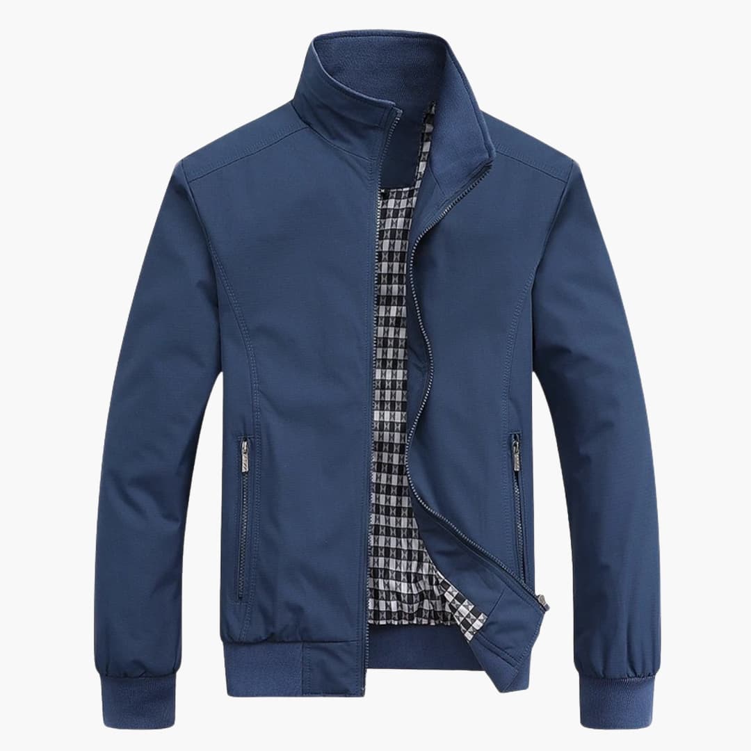 Navy blue men's bomber jacket with zip front, stand-up collar, and checkered lining.
