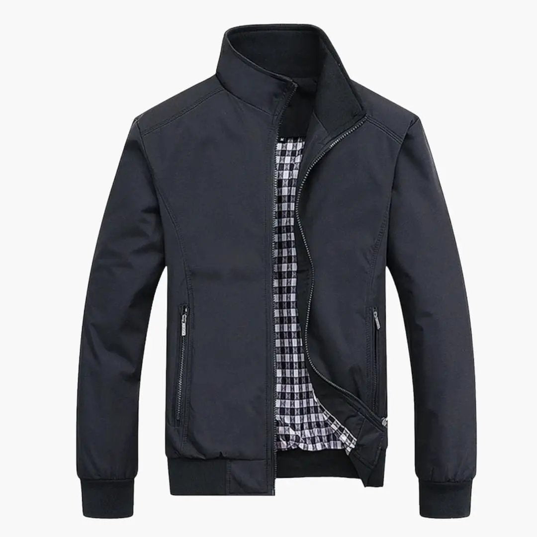 Men's bomber jacket with collar and zipper, black with visible checkered lining and side zip pockets