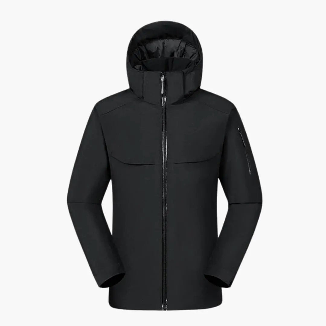 Men's black zip-up hooded jacket with full-front zipper and attached hood