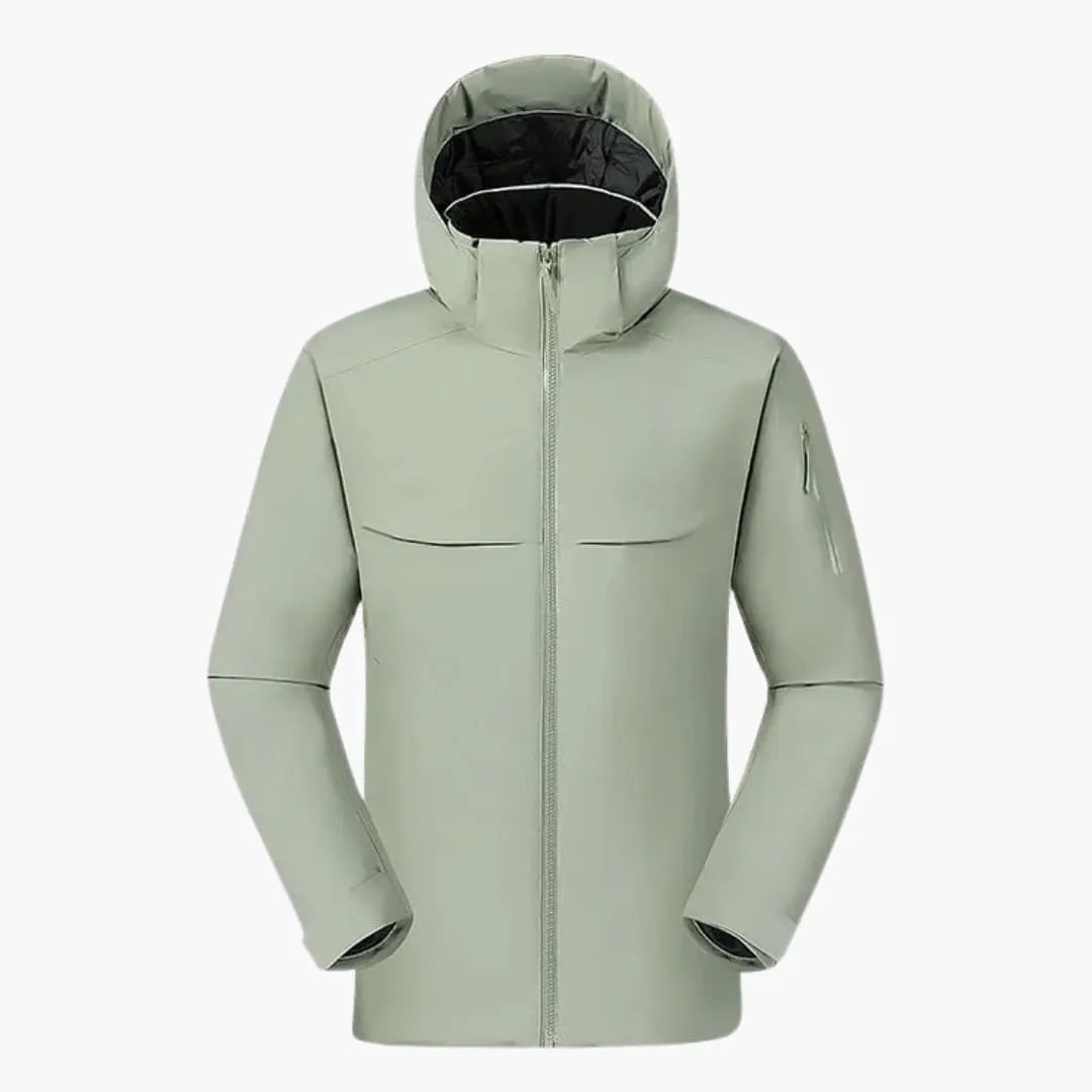 Men's zip-up hooded jacket in sage green with front zipper and hood with black interior