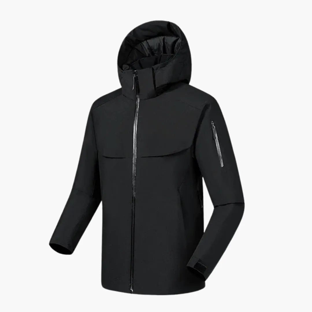 Men's black zip-up hooded jacket with front zipper, chest pockets and a sleeve zip pocket.