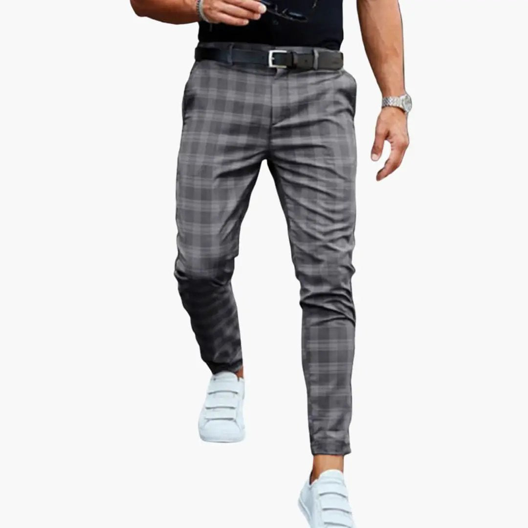Men's checked trousers, gray plaid slim-fit with side pockets.