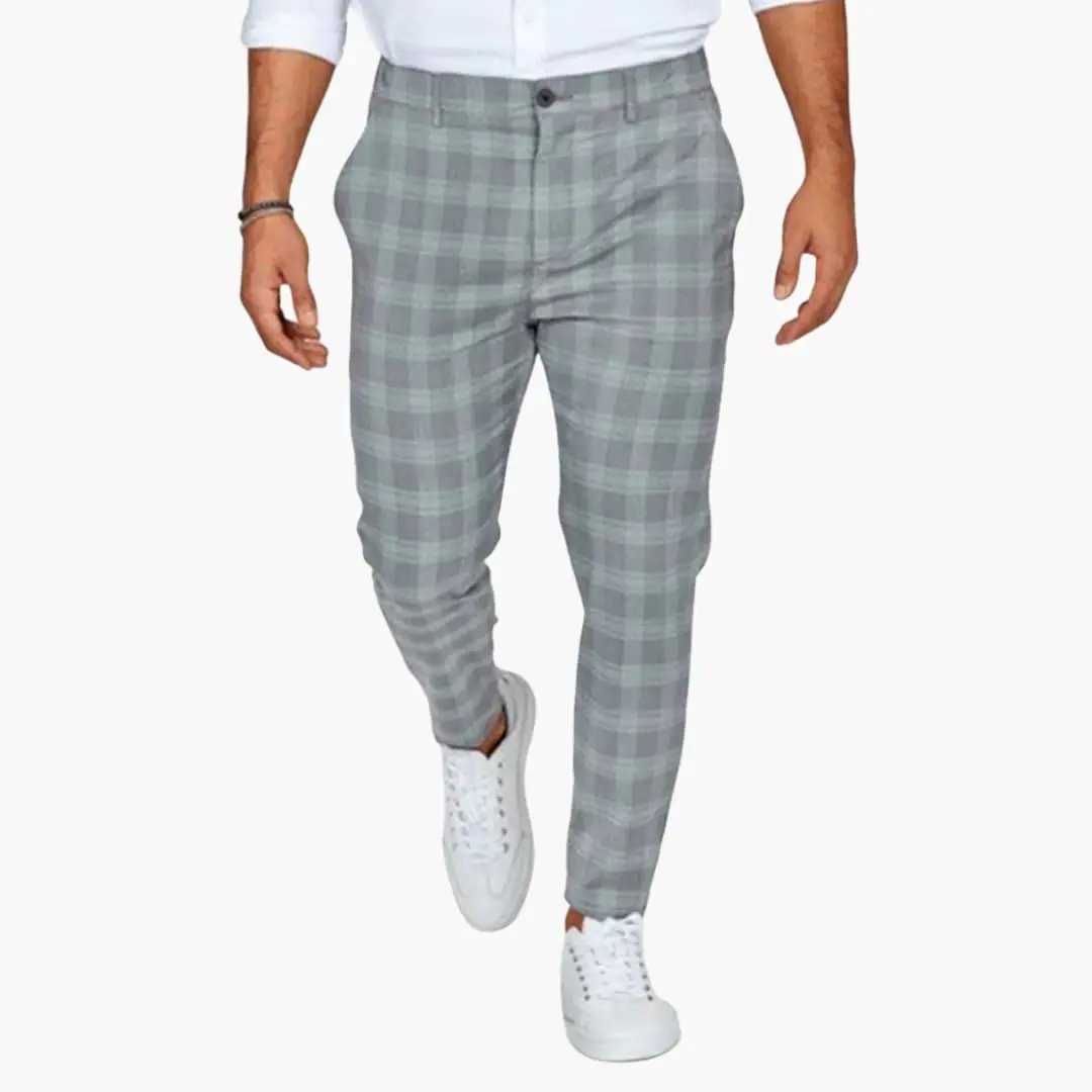 Men's checked slim-fit trousers with side pockets in grey plaid.