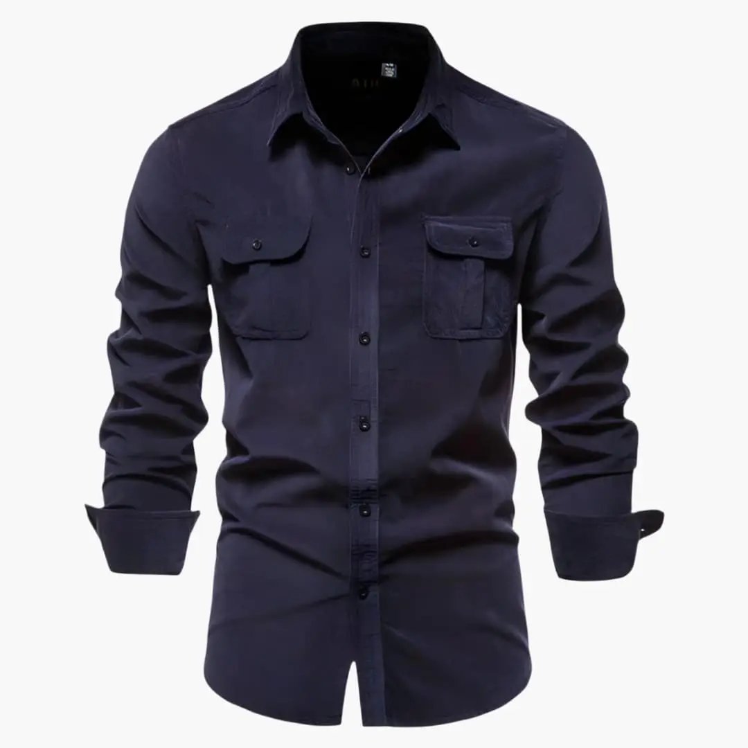 Men's navy long-sleeve shirt with button closure and two chest pockets.