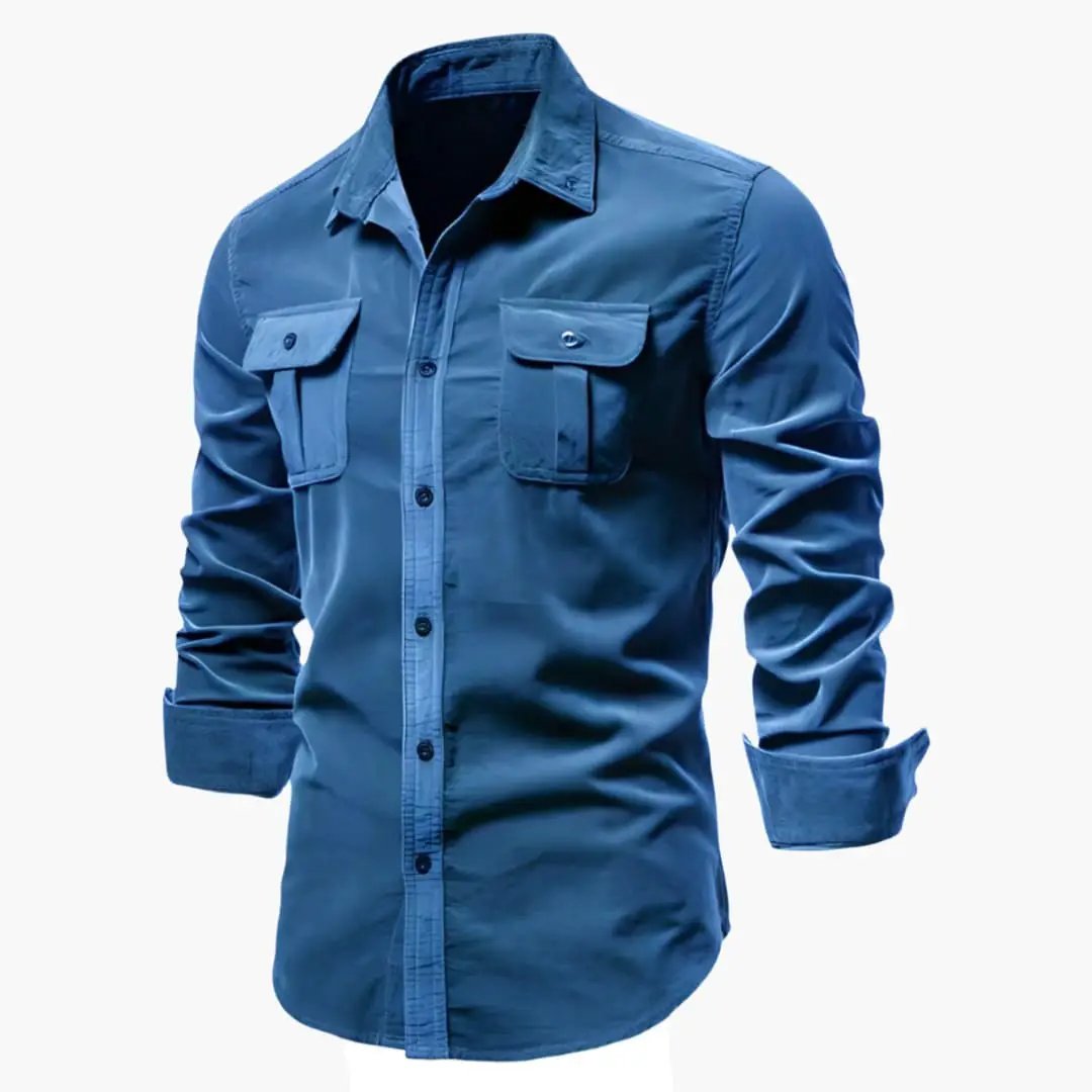 Men's long sleeve shirt in blue with button closure and chest pockets.