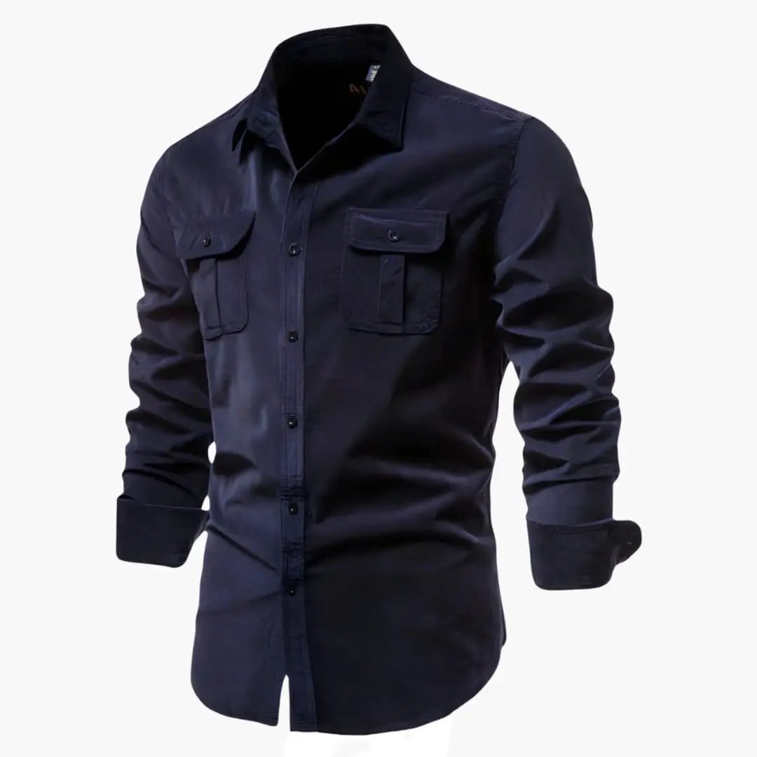 Wilfred Smith men's navy long-sleeve shirt with button closure and chest pockets