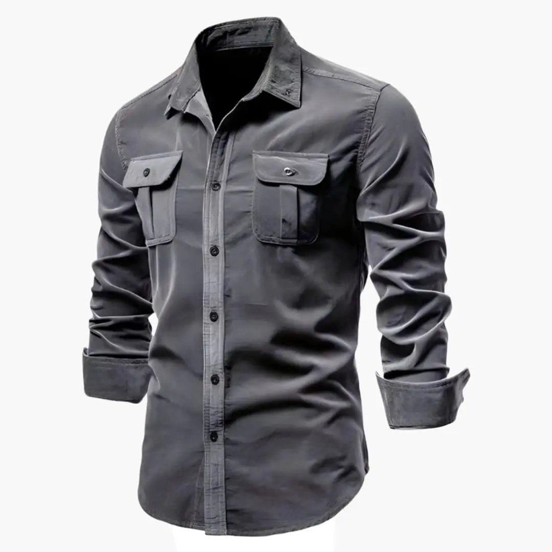 Men's long sleeve button-up shirt with two chest pockets in charcoal gray