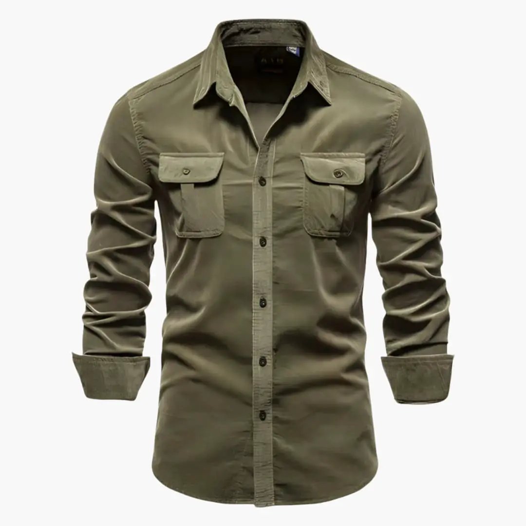 Men's long sleeve shirt with chest pockets, olive green by Wilfred Smith, button-down.