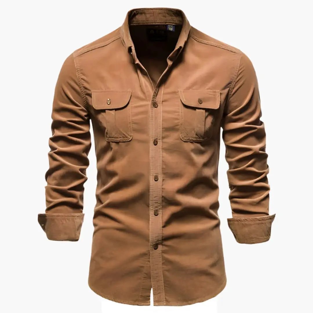 Men's long-sleeve shirt in tan with button-front, chest pockets and rolled cuffs