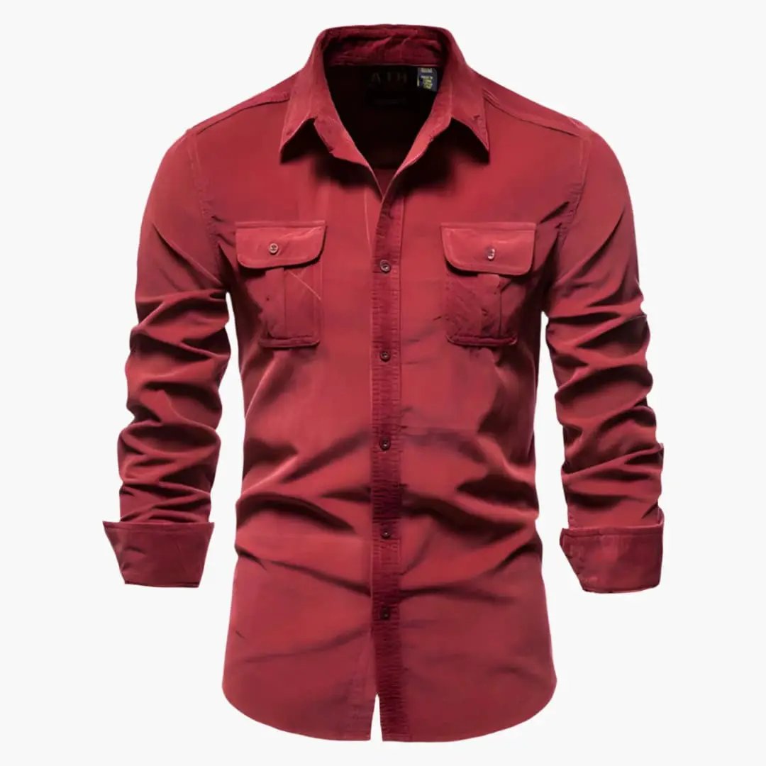 Men's Long Sleeve Shirt by Wilfred Smith, red with button closure and two chest pockets