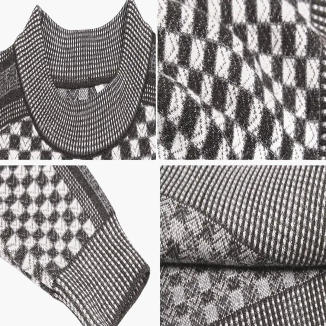 Men's long-sleeve round-neck sweater in black-and-white check pattern, ribbed collar and cuffs.