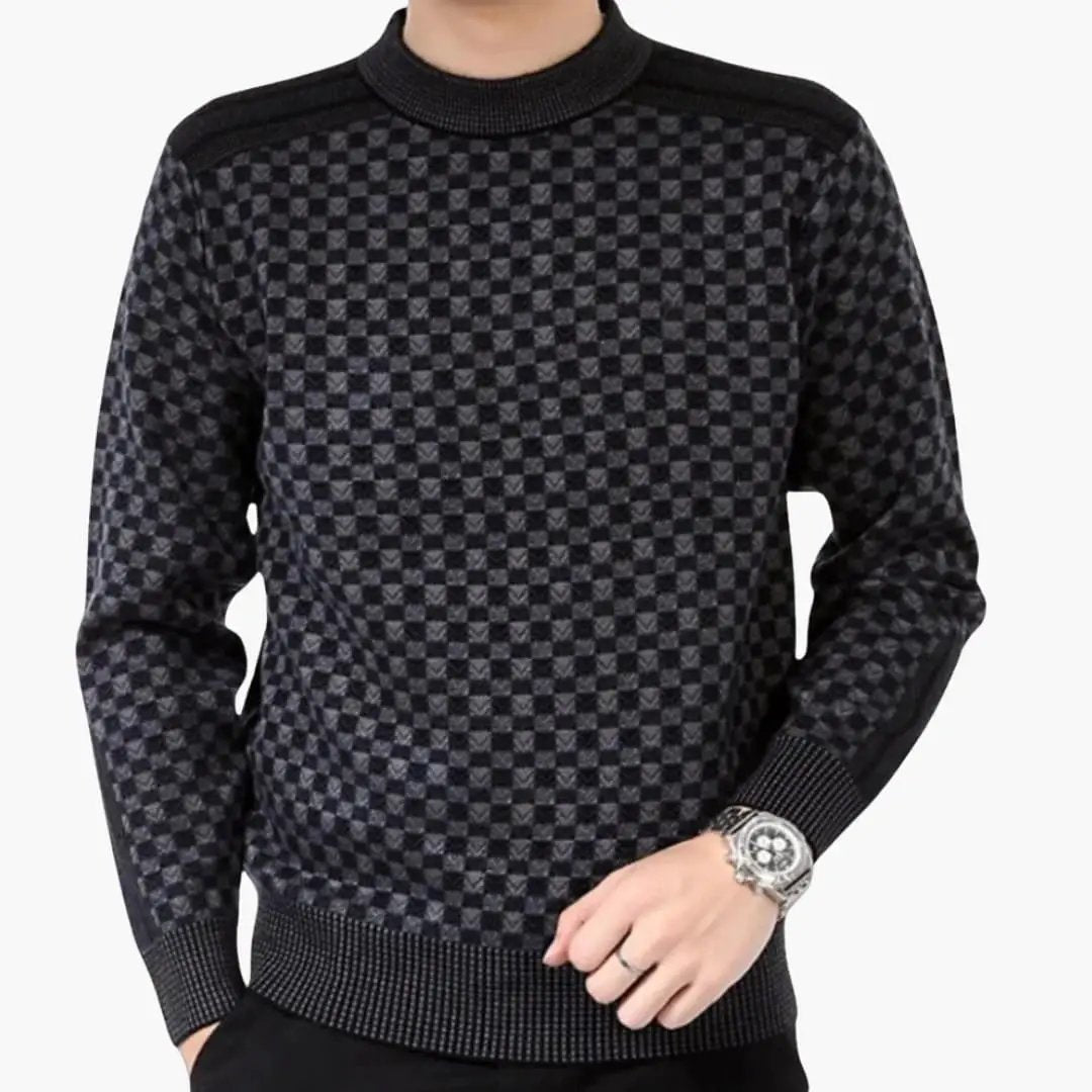 Men's crew neck knitted sweater with black and gray checkered pattern and ribbed cuffs.