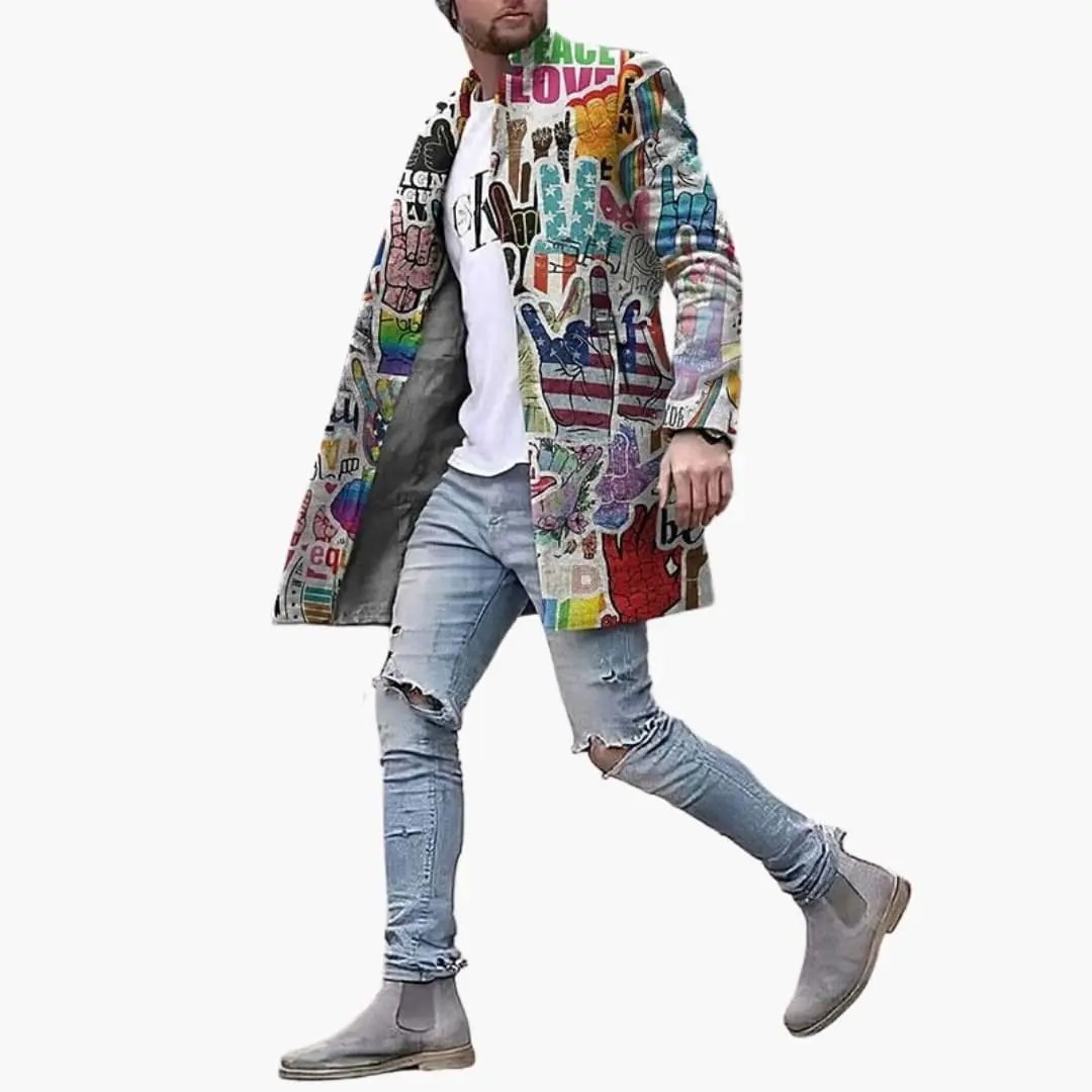Men's Long Coat with Graphic Pattern, open-front overcoat in multicolor graffiti print