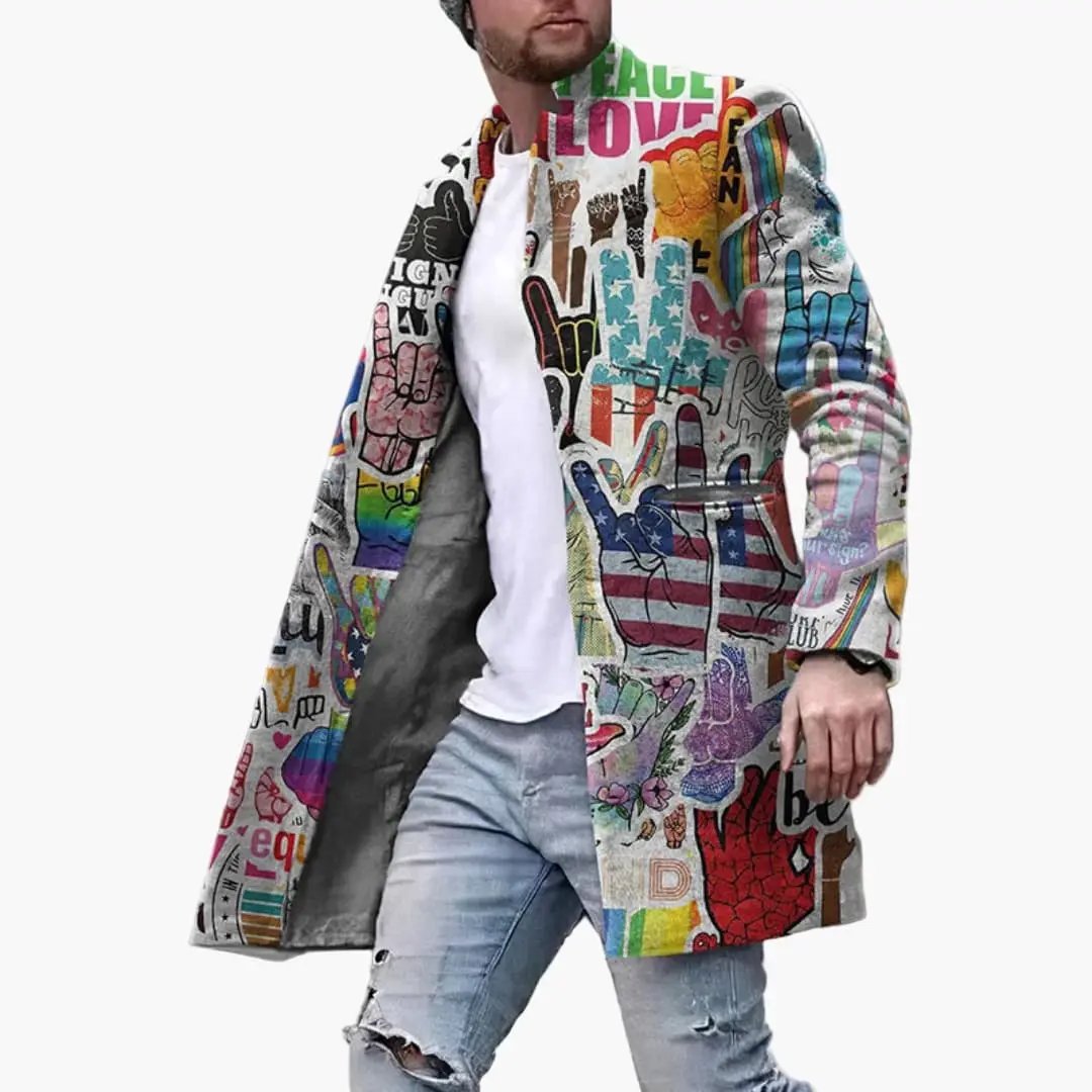 Men's long coat with graphic graffiti pattern, multicolor overcoat with open front