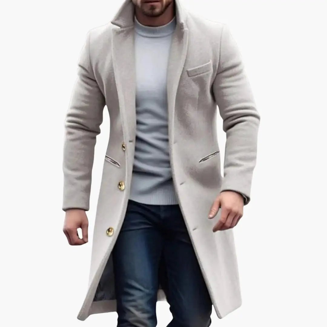 Men's long beige Wilfred Smith coat with lapel, button placket and front pockets