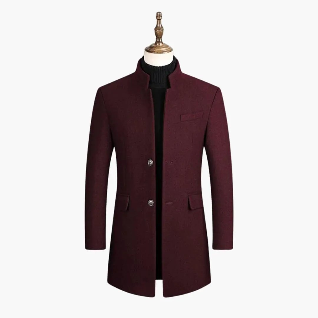 Men's long burgundy coat with button closure by Wilfred Smith