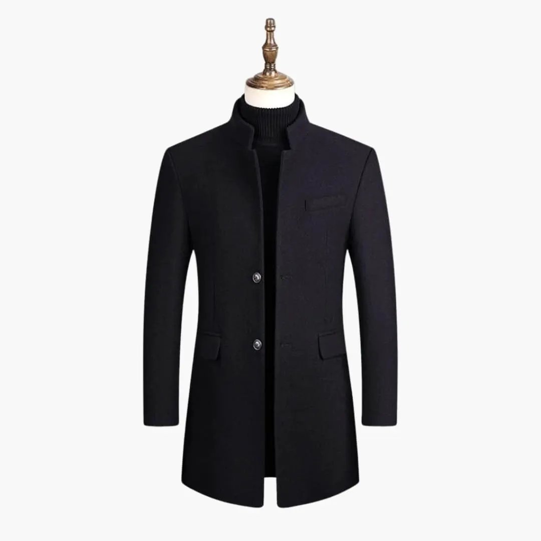 Men's long coat by Wilfred Smith in black with button closure and stand collar