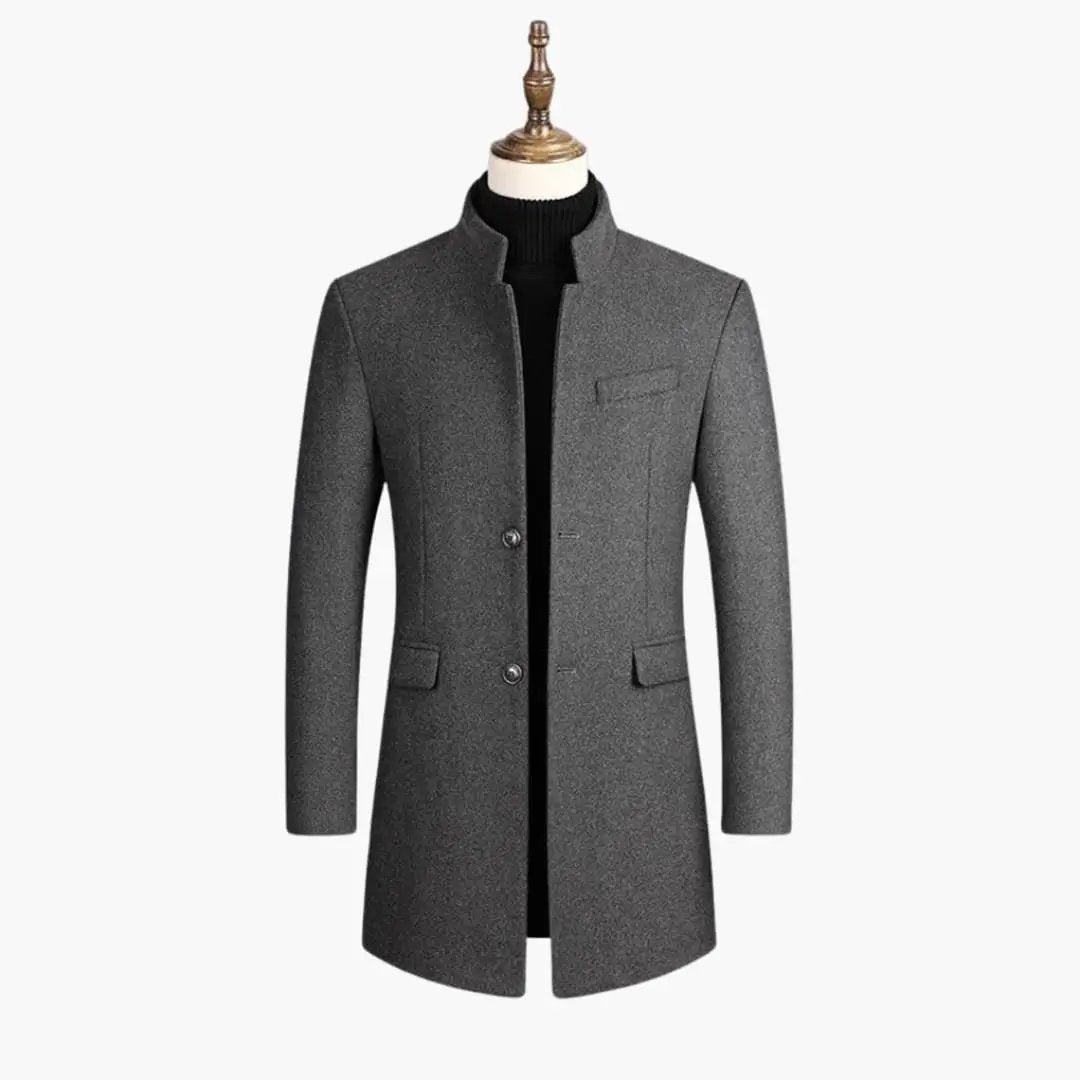 Men's long gray wool coat with stand collar and button closure