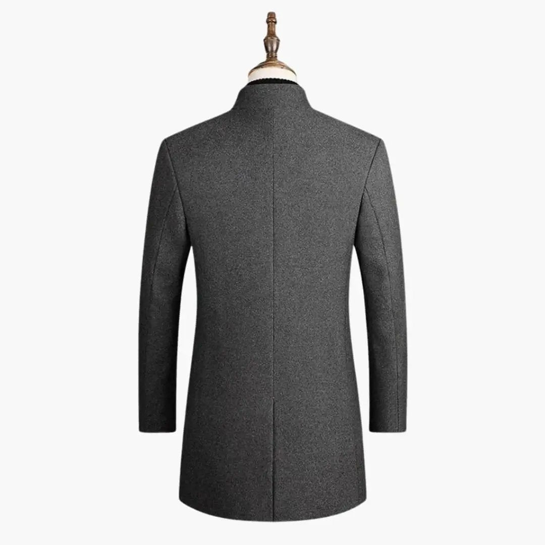 Men's long coat in charcoal gray with button closure