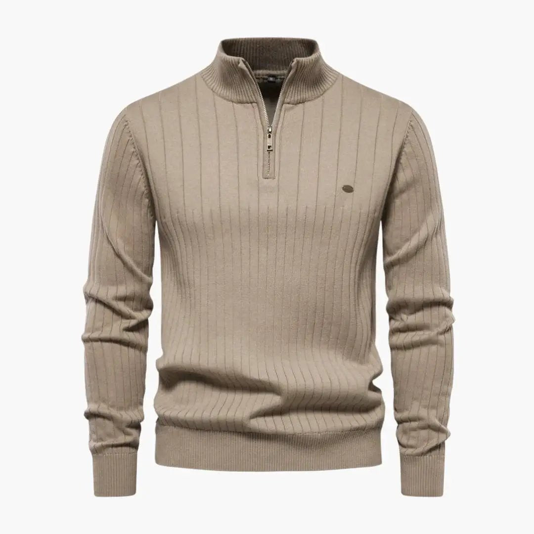 Men's ribbed knit half-zip sweater with stand-up collar in beige by Wilfred Smith