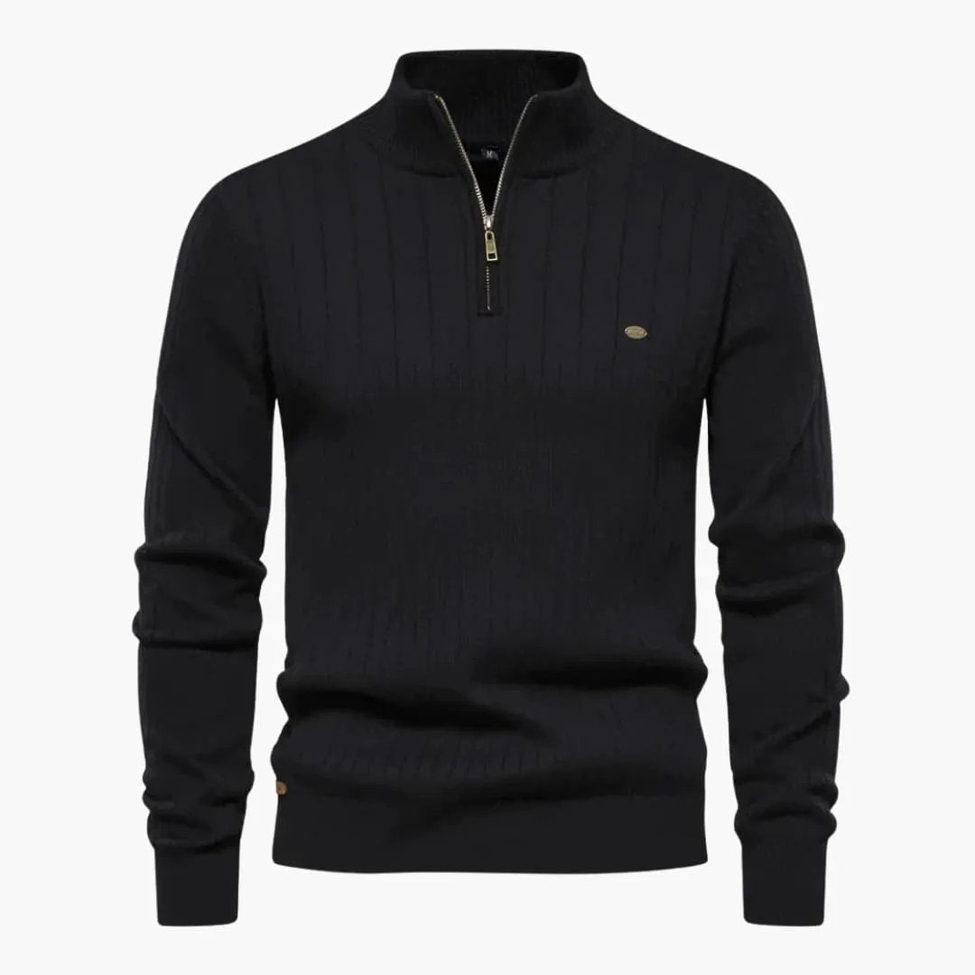 Men's black ribbed knit pullover with half-zip and stand-up collar, Wilfred Smith badge