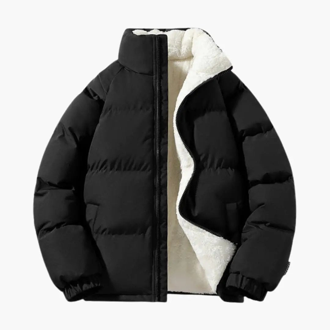 Men’s Quilted Jacket with Zipper and Lining, black puffer with white sherpa interior.