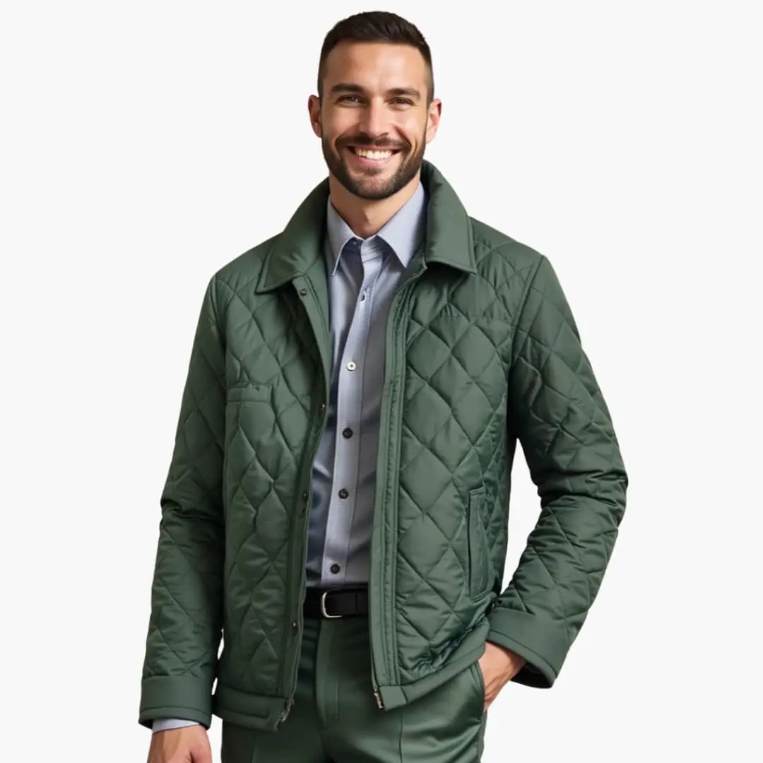 Men's Quilted Jacket with Lapel Collar in forest green, Wilfred Smith brand.