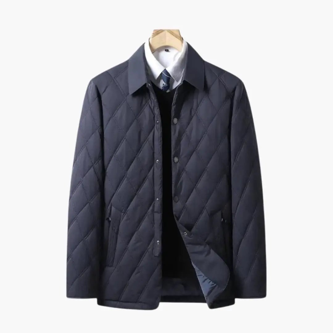 Men's Quilted Jacket by Wilfred Smith, navy with lapel collar.