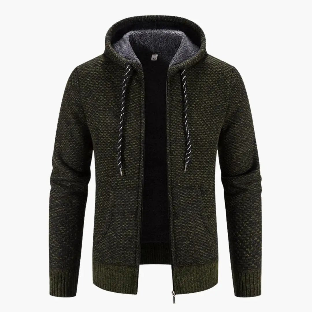 Men’s hooded cardigan with zipper and pockets in olive green knit, fleece-lined hood