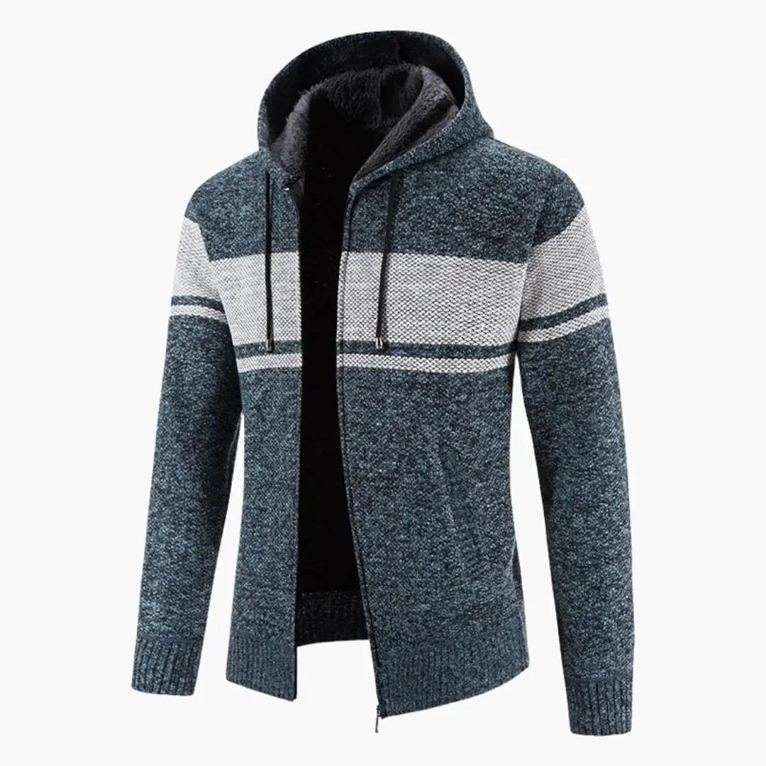 Men’s hooded cardigan in blue heather knit with stripes, zippered front and pockets