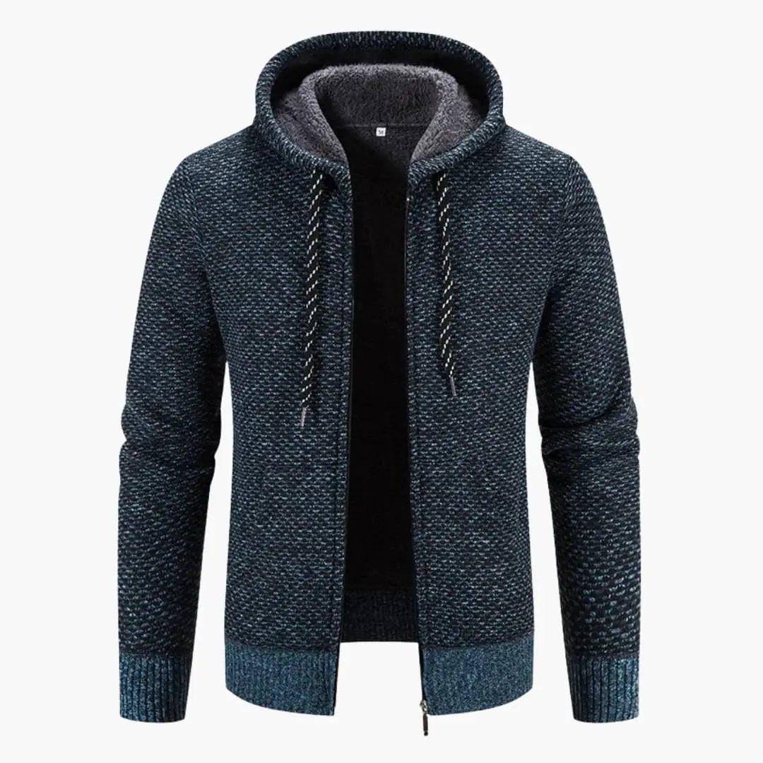Wilfred Smith Men’s hooded cardigan with zipper and pockets; navy blue speckled knit and fleece-lined hood.